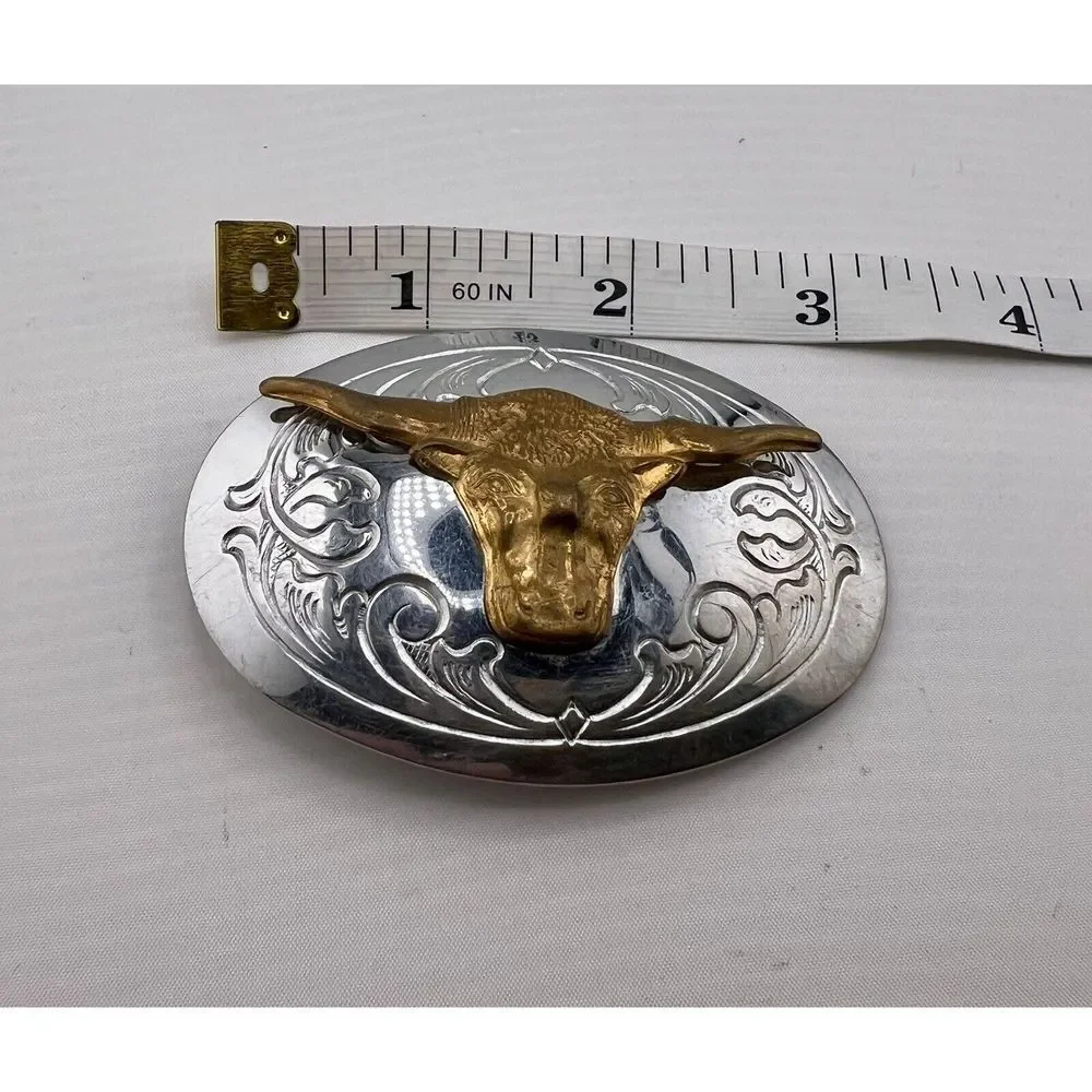 Vintage Chambers Western Belt‎ Buckle Long Horn With Silver Base